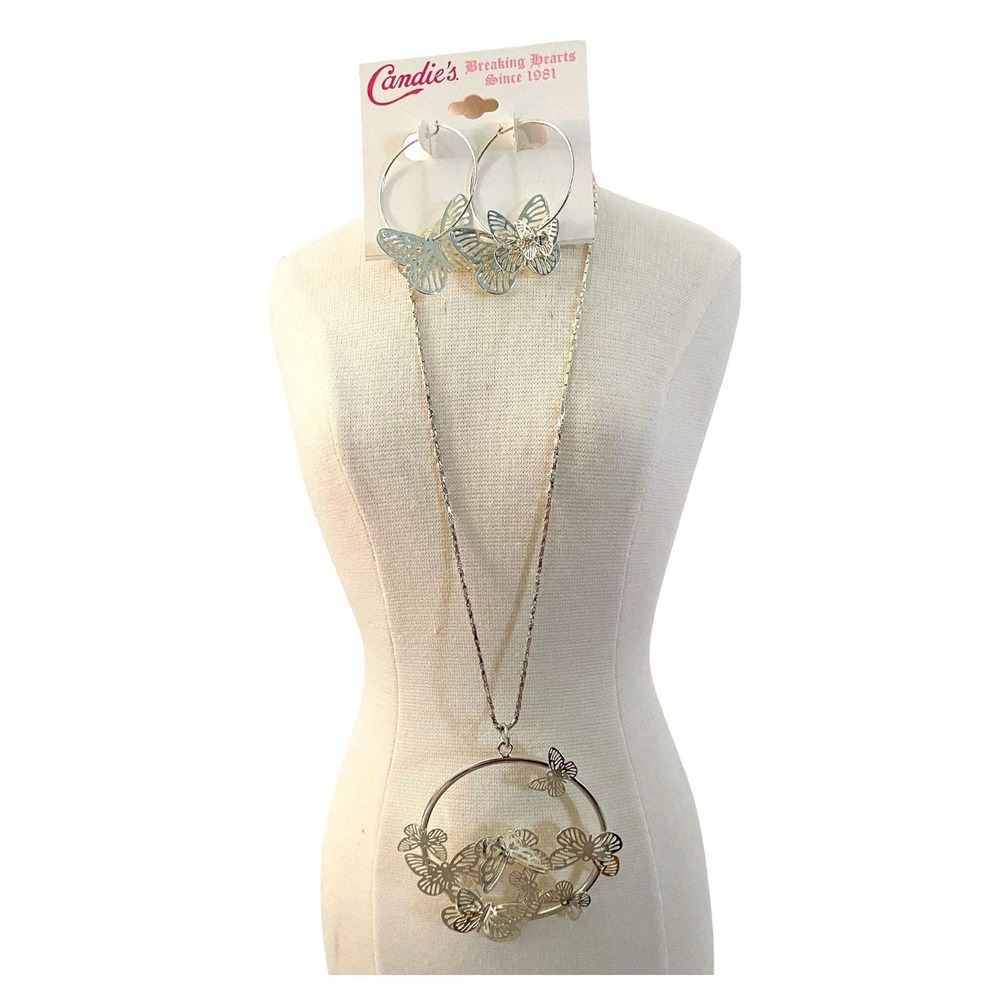 Candies Silver Tone Butterfly Necklace and Hoop Earring Set  New
